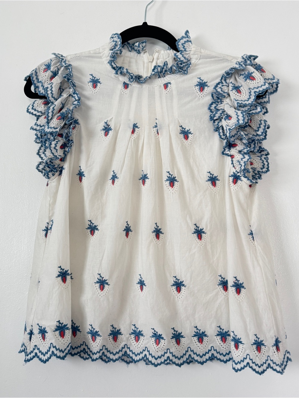 Sea New York Embroidered Flutter Sleeve Top White Blue Organic Cotton Size S